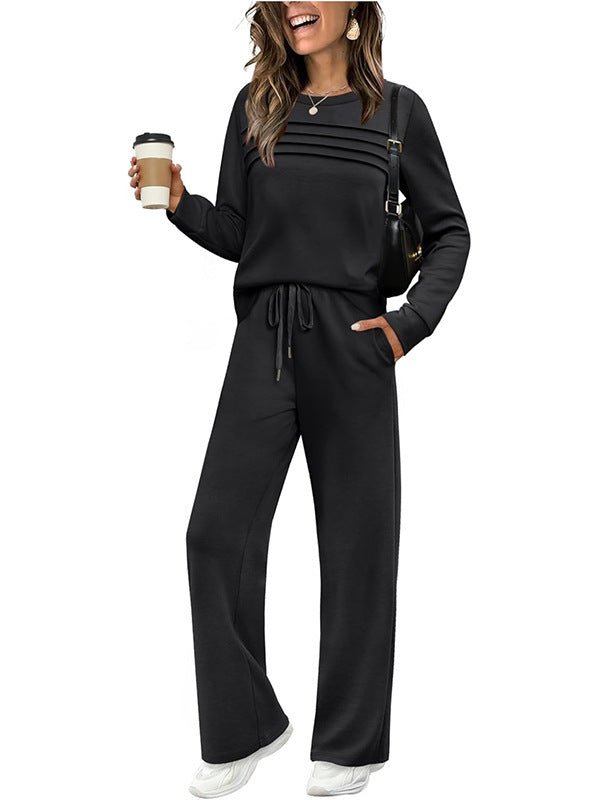 Ribbed Knit Pullover and Wide Leg Pants Set - black