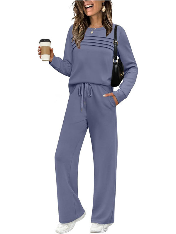 Ribbed Knit Pullover and Wide Leg Pants Set - navy