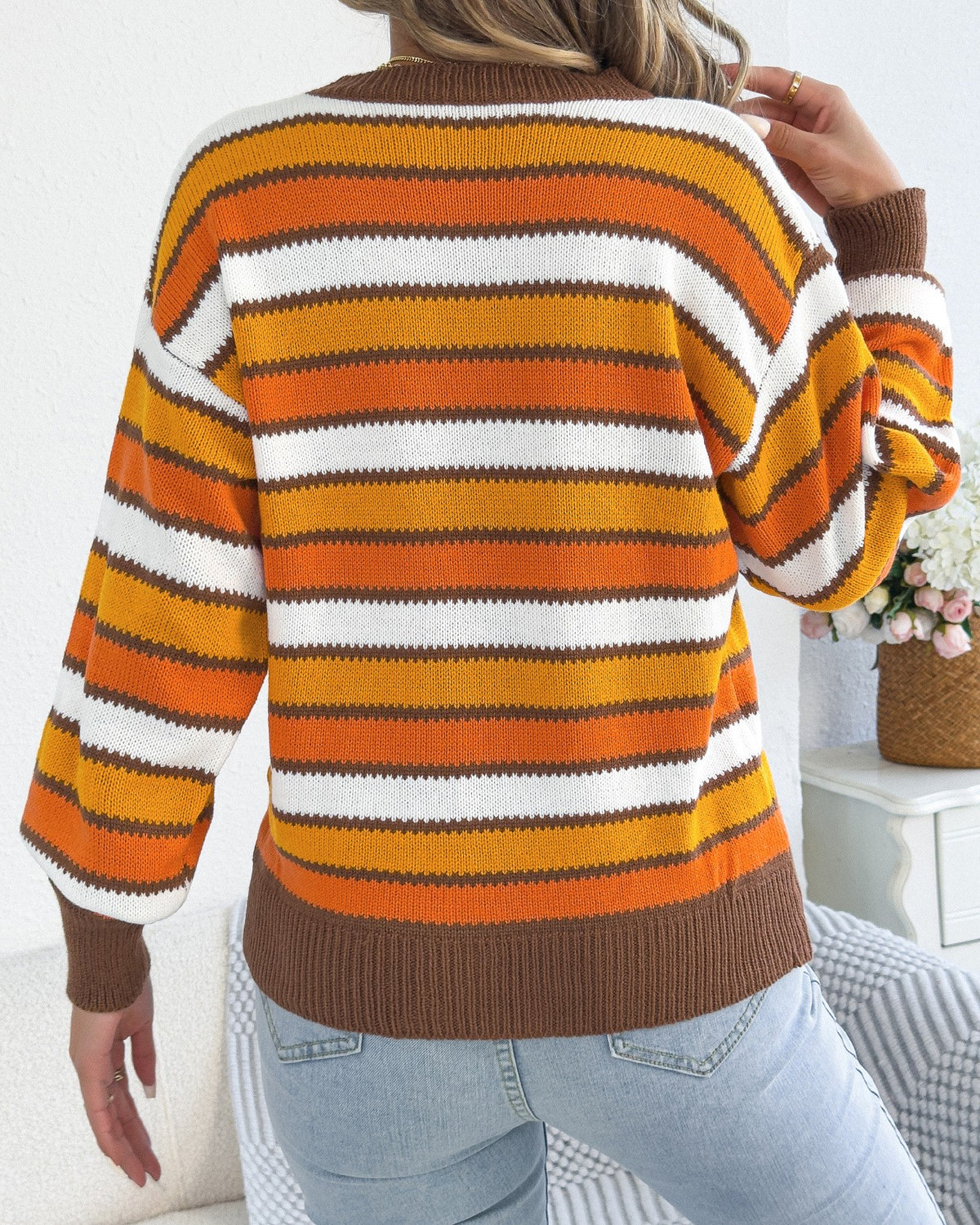 Striped Drop Shoulder Knit Sweater - Coffee - 2