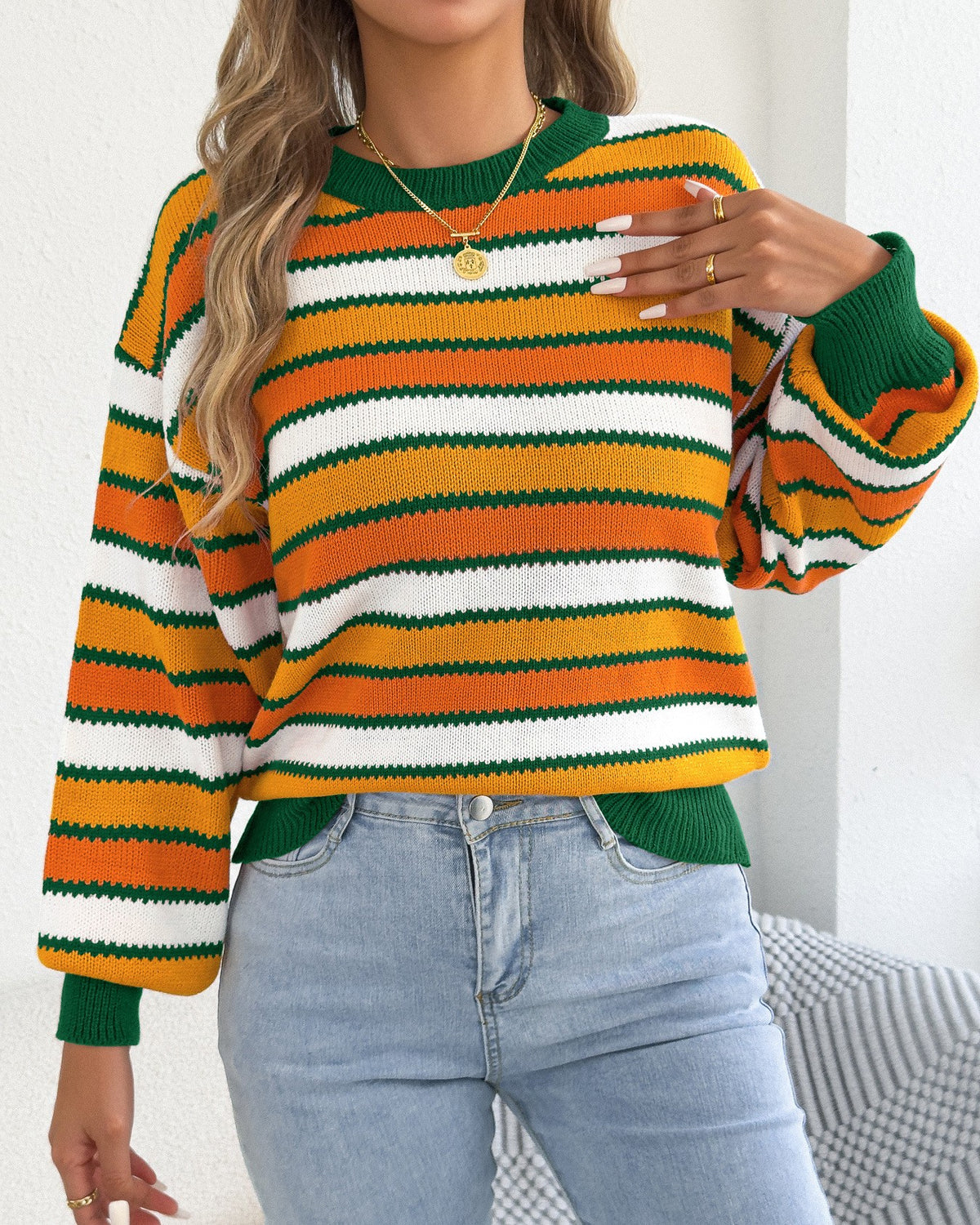 Striped Drop Shoulder Knit Sweater - Green
