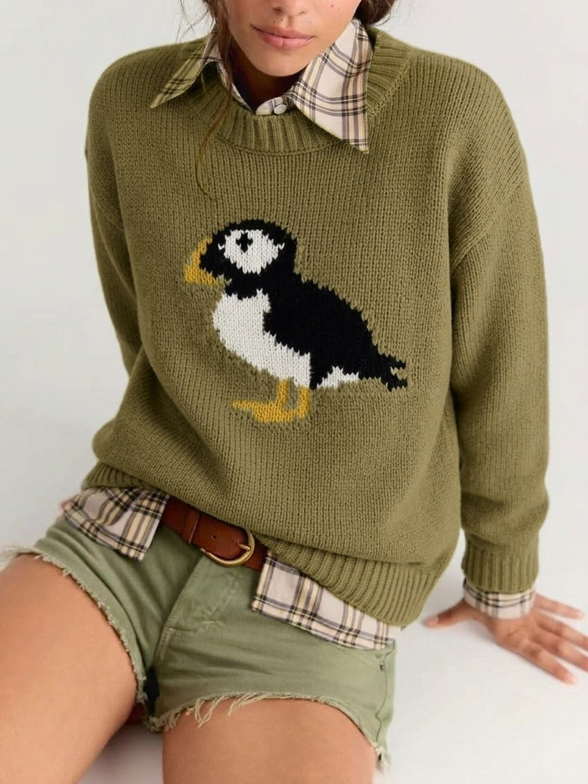 Green Puffin Intarsia Chunky Knit Crew Neck Sweater - Green