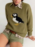 Green Puffin Intarsia Chunky Knit Crew Neck Sweater - Green