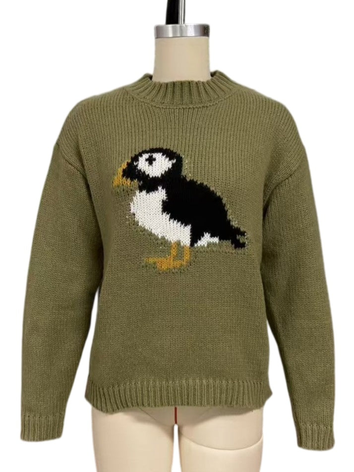 Green Puffin Intarsia Chunky Knit Crew Neck Sweater - Green - 1
