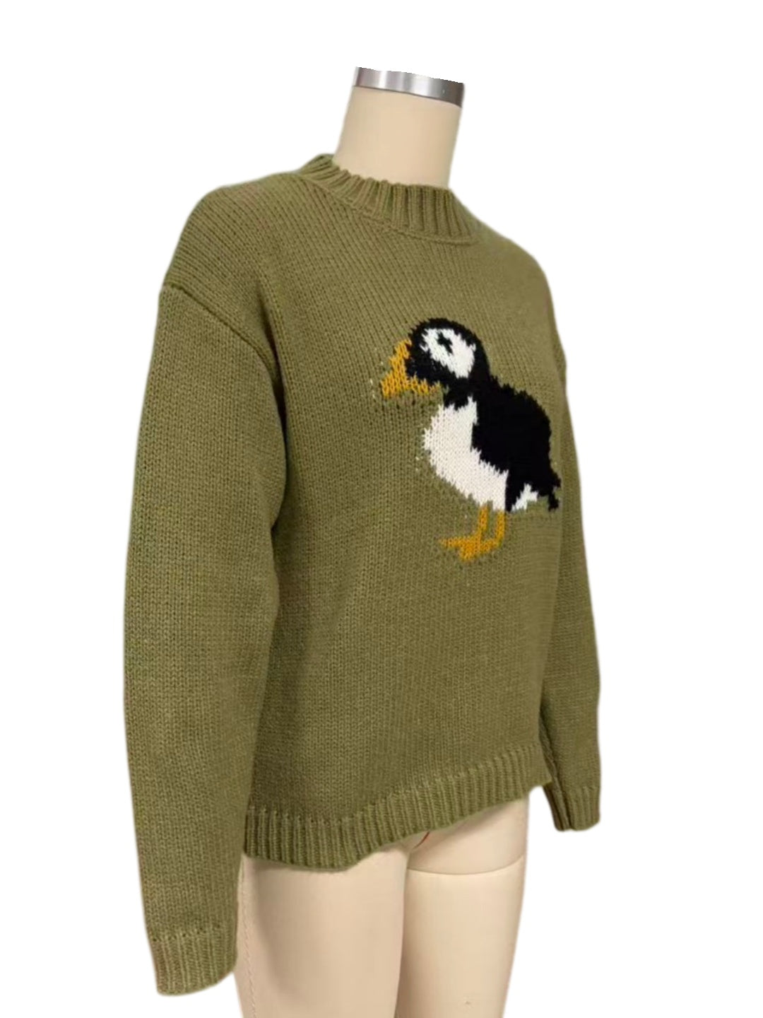 Green Puffin Intarsia Chunky Knit Crew Neck Sweater - Green - 2