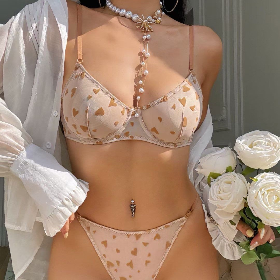 Heart Flocked Sheer Mesh Underwire Bra And Thong Set - Mocha