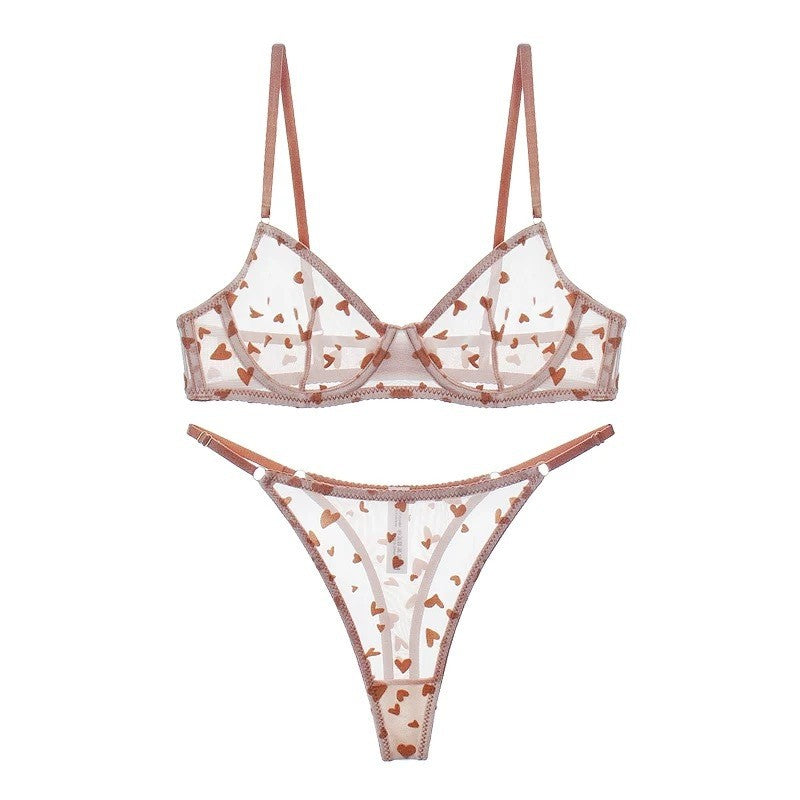 Heart Flocked Sheer Mesh Underwire Bra And Thong Set