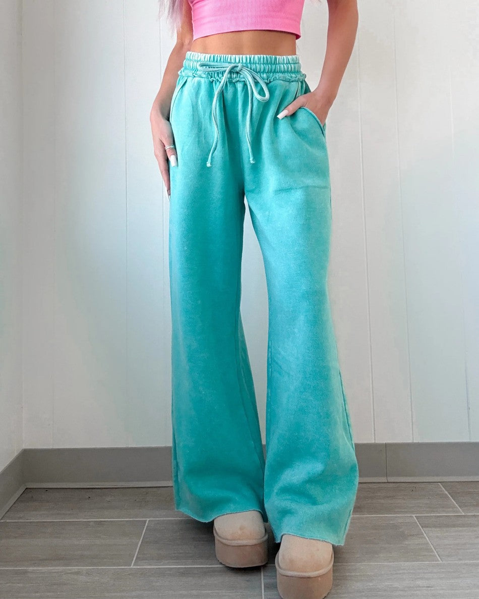 Washed Fleece Wide Leg Lounge Pants - Emerald
