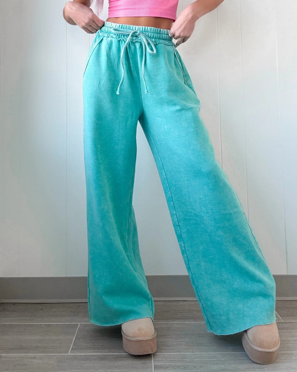 Washed Fleece Wide Leg Lounge Pants - Emerald - 1