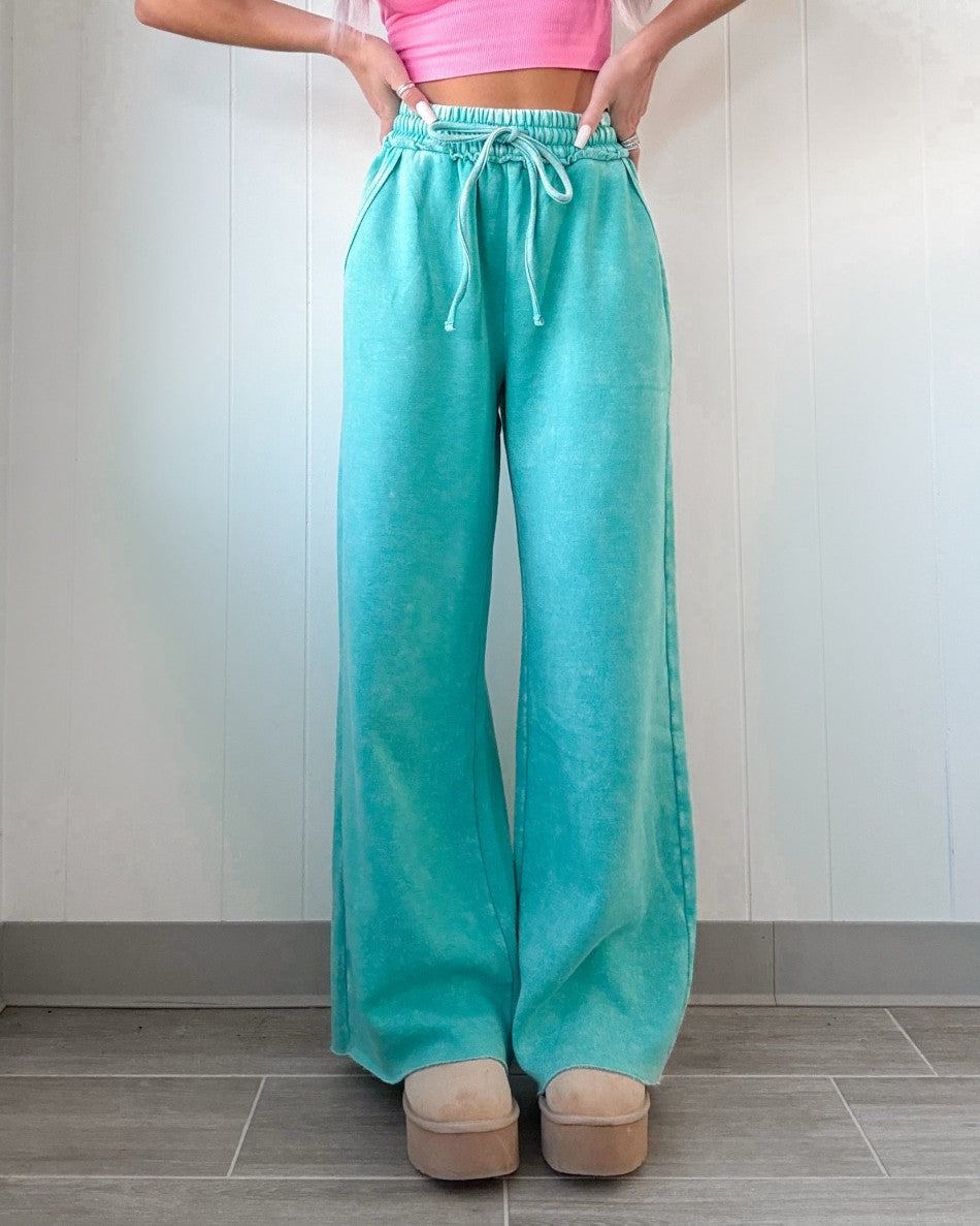 Washed Fleece Wide Leg Lounge Pants - Emerald - 2