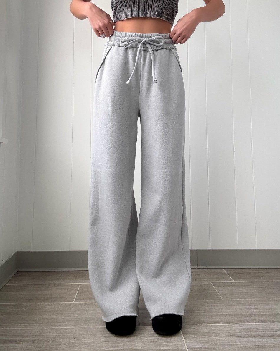 Washed Fleece Wide Leg Lounge Pants - Grey