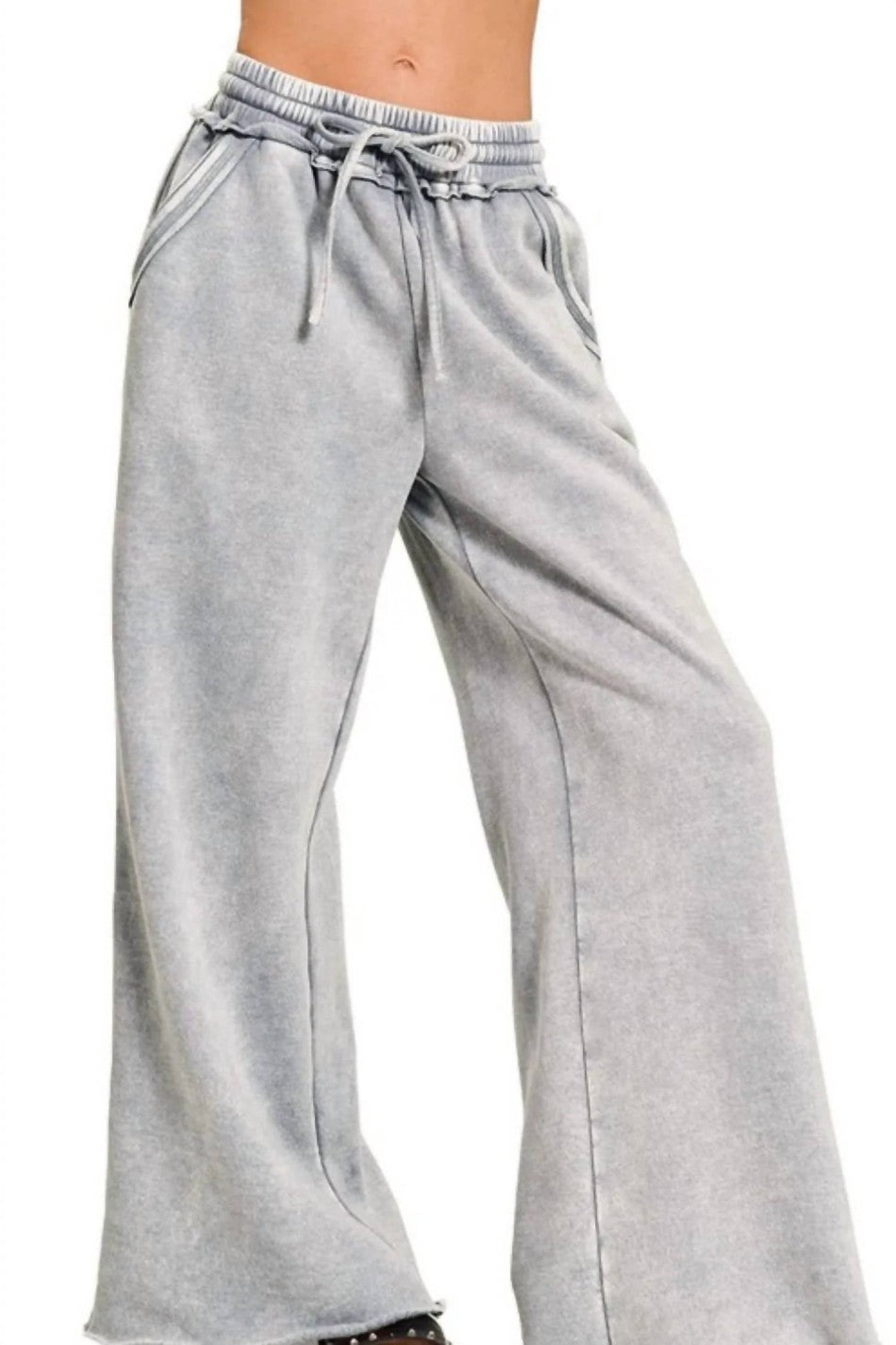 Washed Fleece Wide Leg Lounge Pants - GreyBlue