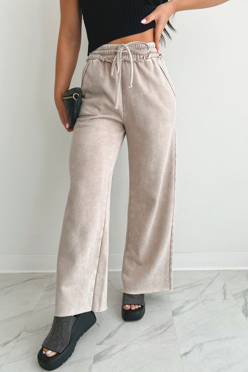 Washed Fleece Wide Leg Lounge Pants - Khaki