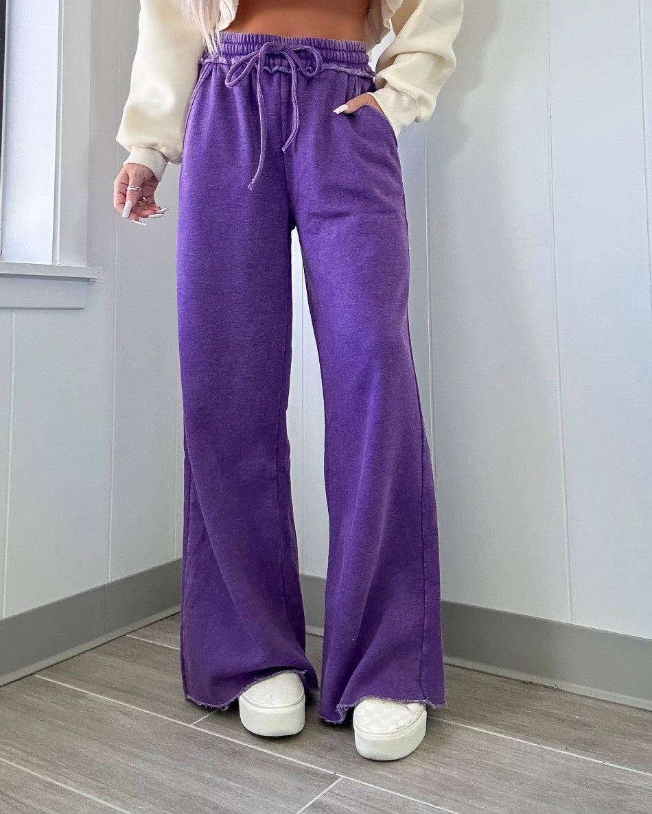 Washed Fleece Wide Leg Lounge Pants - Purple