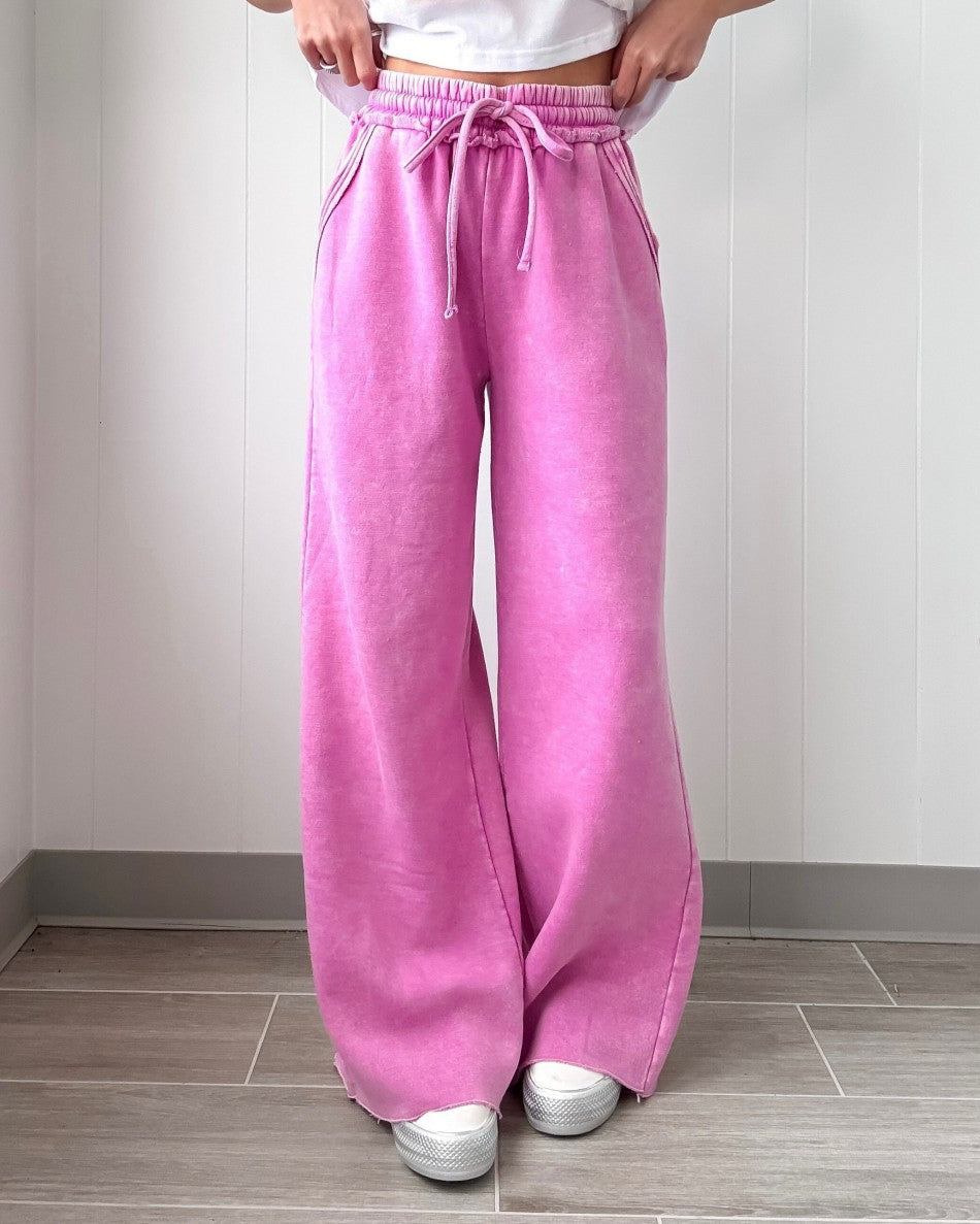 Washed Fleece Wide Leg Lounge Pants - RoseRed