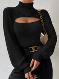 Ribbed Turtleneck Sweater With Chest Cutout - Black
