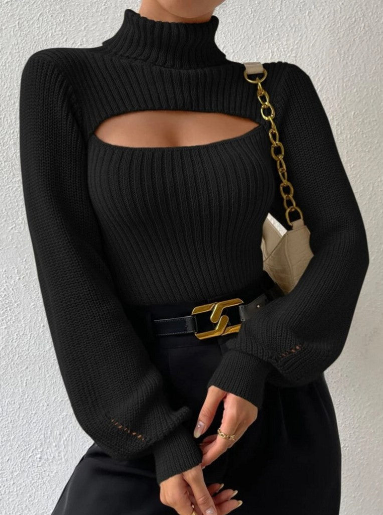 Ribbed Turtleneck Sweater With Chest Cutout - Black