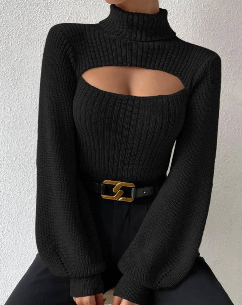 Ribbed Turtleneck Sweater With Chest Cutout - Black - 1