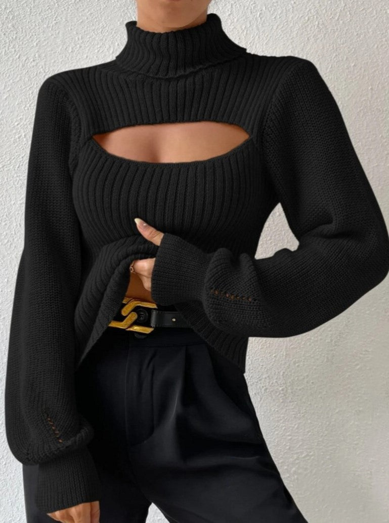 Ribbed Turtleneck Sweater With Chest Cutout - Black - 2