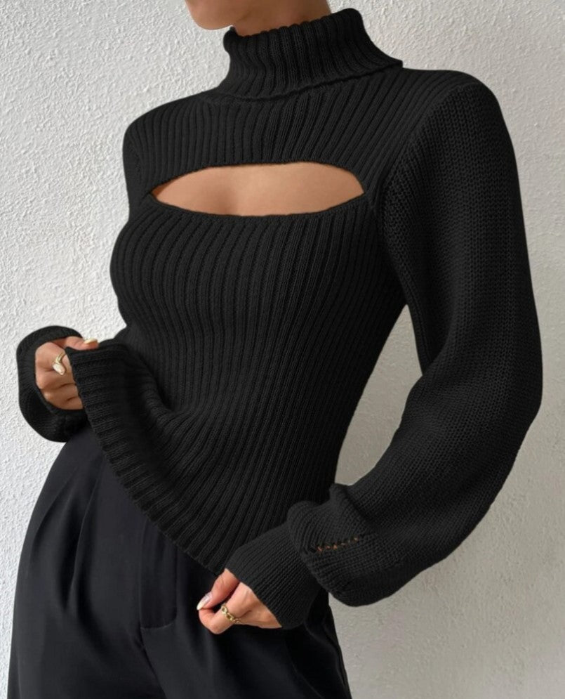 Ribbed Turtleneck Sweater With Chest Cutout - Black - 3