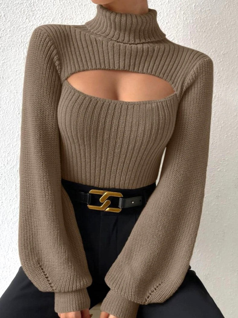 Ribbed Turtleneck Sweater With Chest Cutout - Khaki