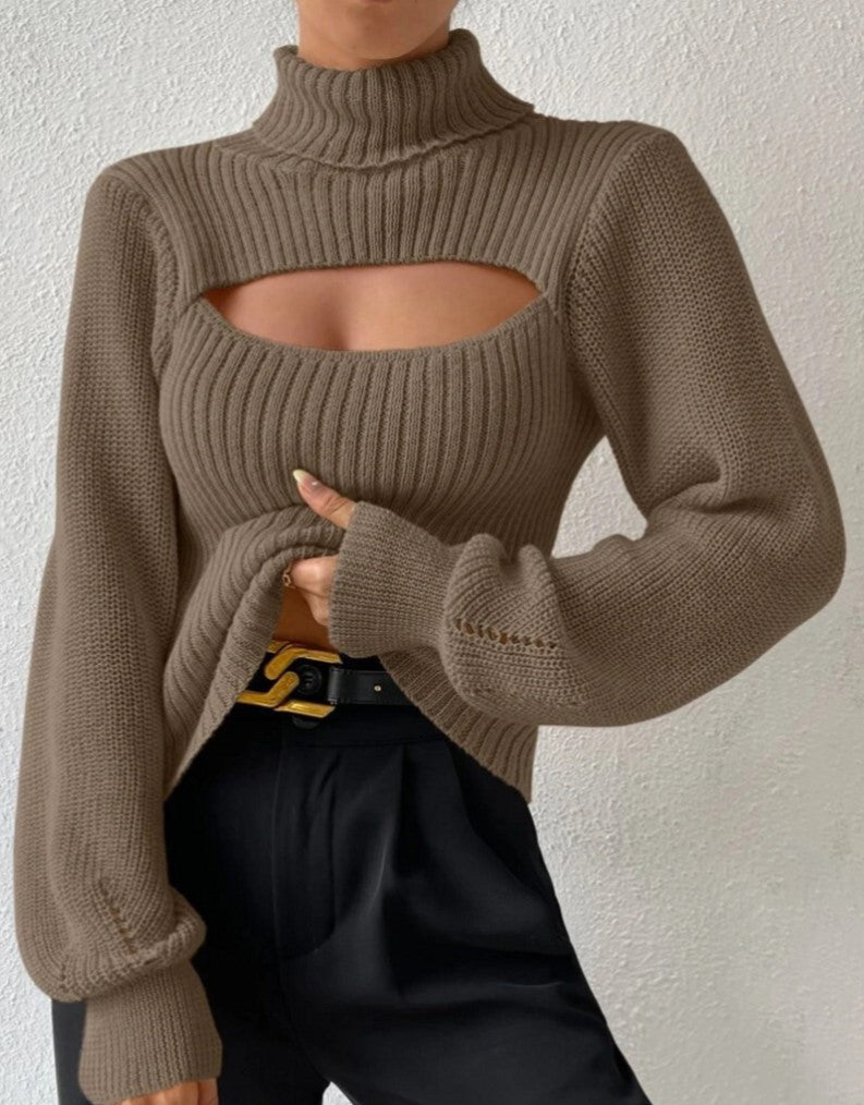 Ribbed Turtleneck Sweater With Chest Cutout - Khaki - 2