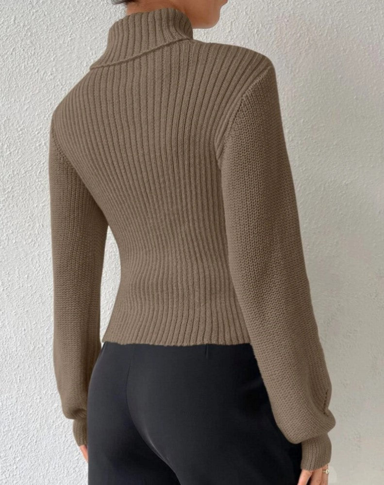 Ribbed Turtleneck Sweater With Chest Cutout - Khaki - 3