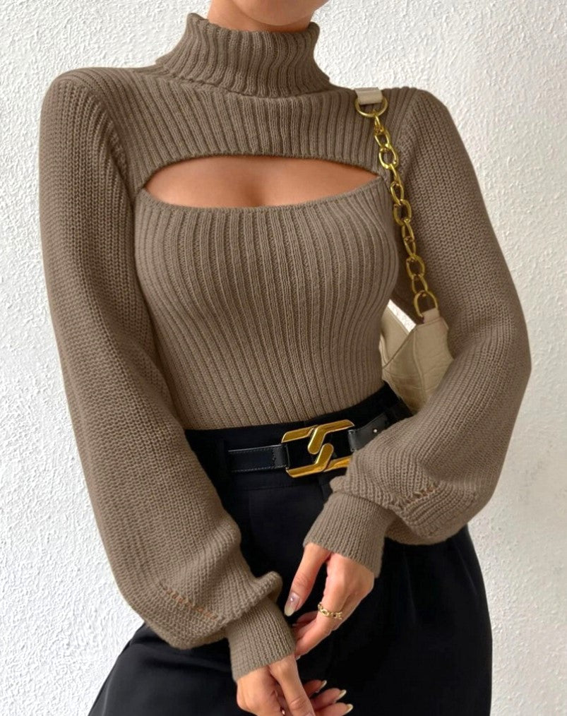Ribbed Turtleneck Sweater With Chest Cutout