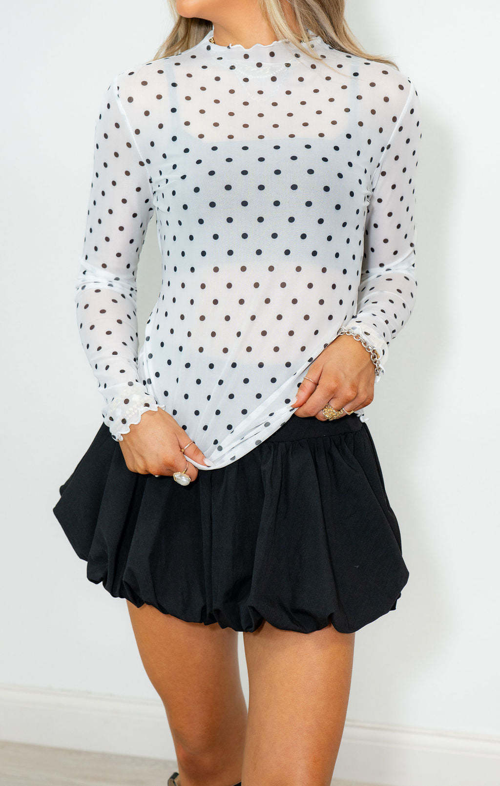 Polka Dot Sheer Mesh Mock Neck Top - white