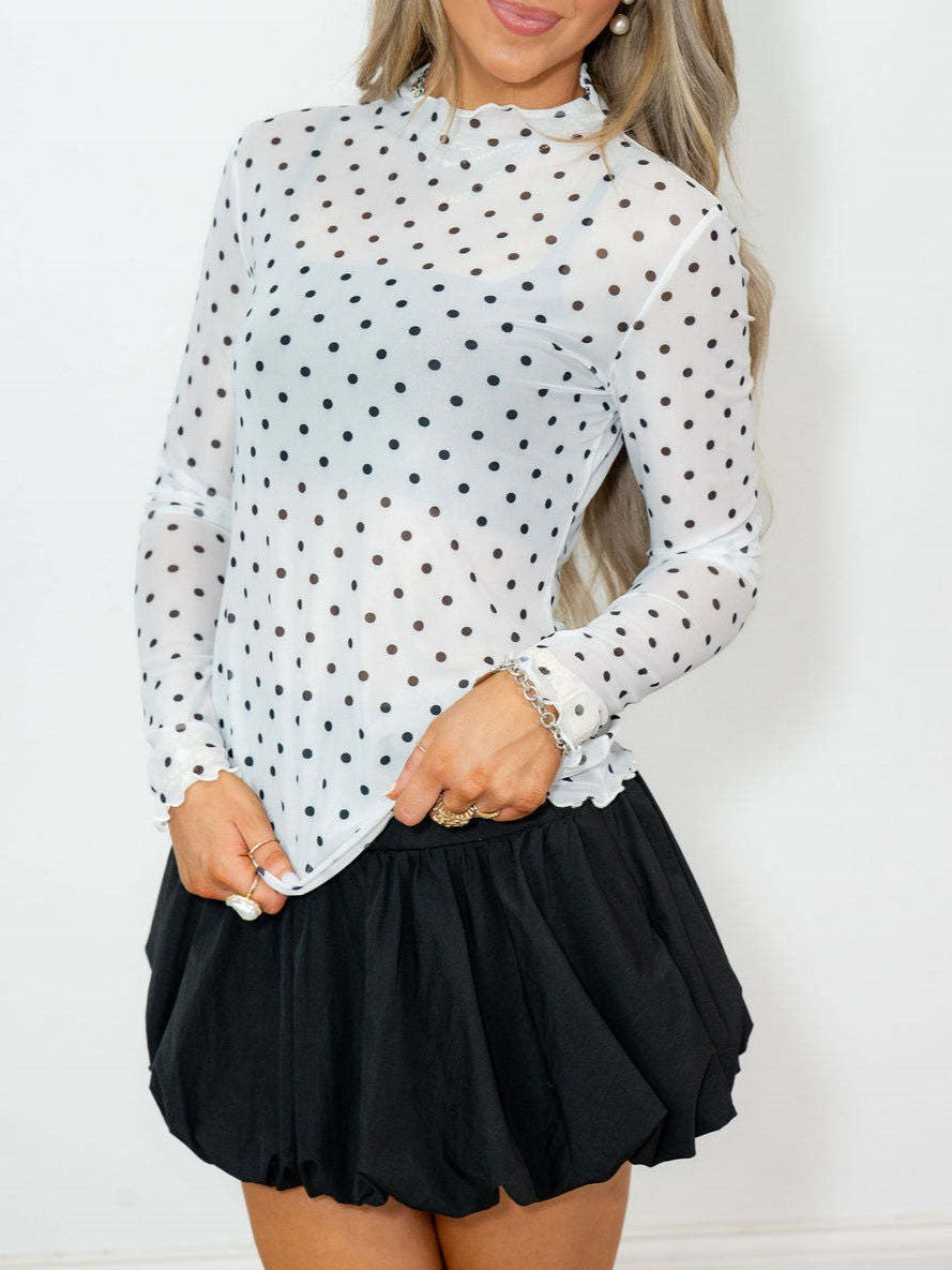 Polka Dot Sheer Mesh Mock Neck Top - white - 2