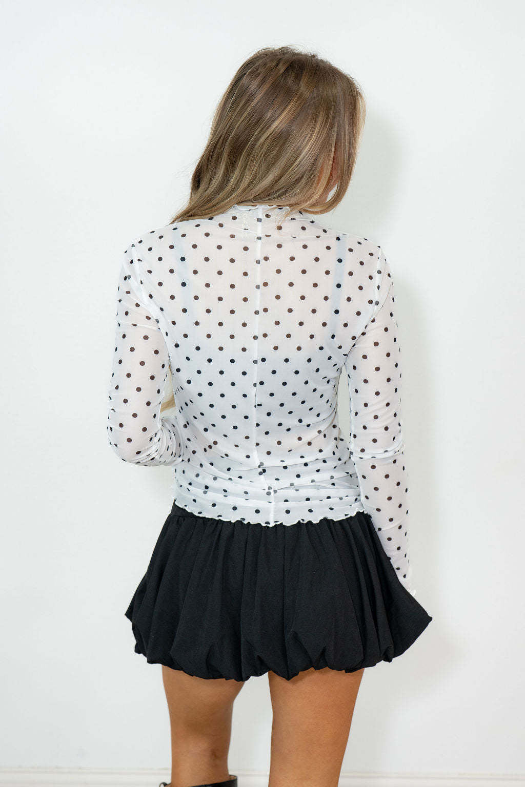 Polka Dot Sheer Mesh Mock Neck Top - white - 3