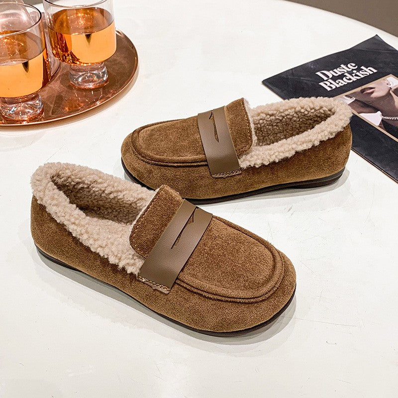 Fleece Lined Faux Suede Loafers - Camel