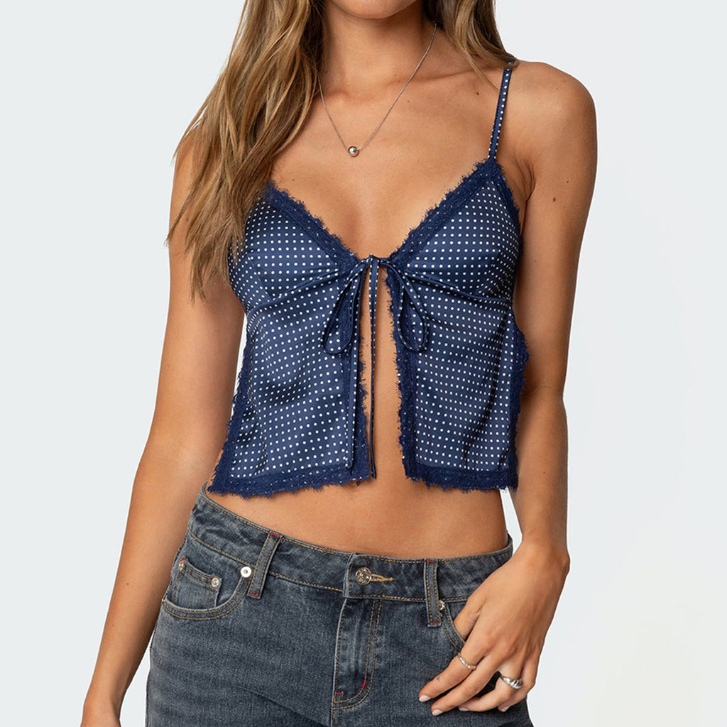 Polka Dot Tie Front Lace Trim Vest
