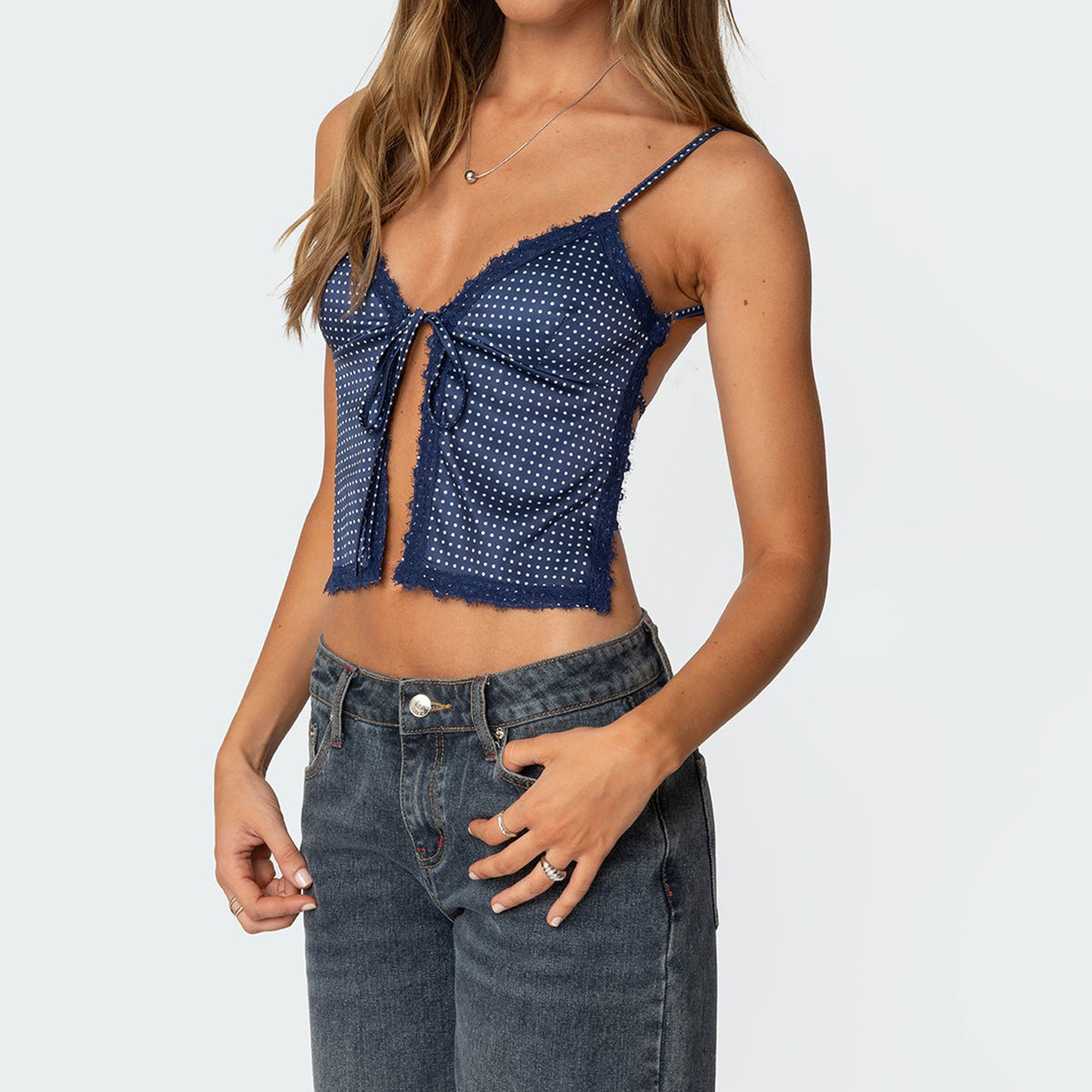 Polka Dot Tie Front Lace Trim Vest - view 1