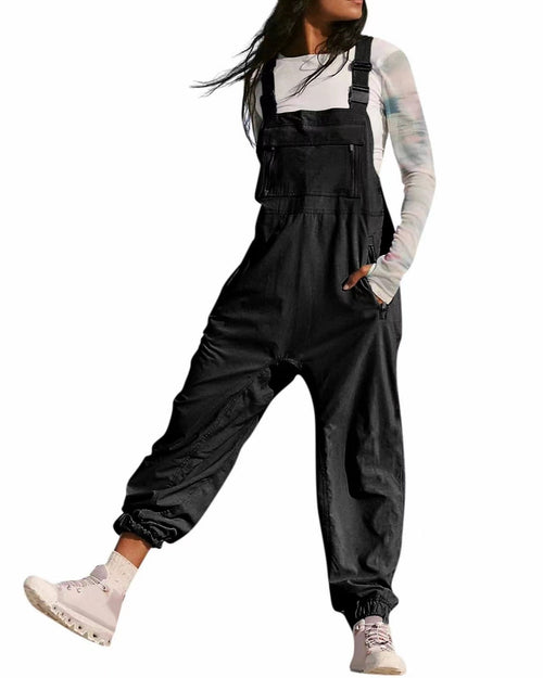 Adjustable Strap Cuffed Hem Overall Jumpsuit - Black