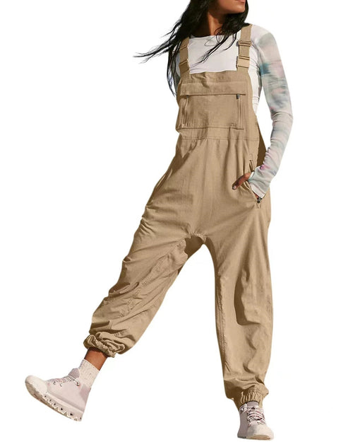 Adjustable Strap Cuffed Hem Overall Jumpsuit - Khaki