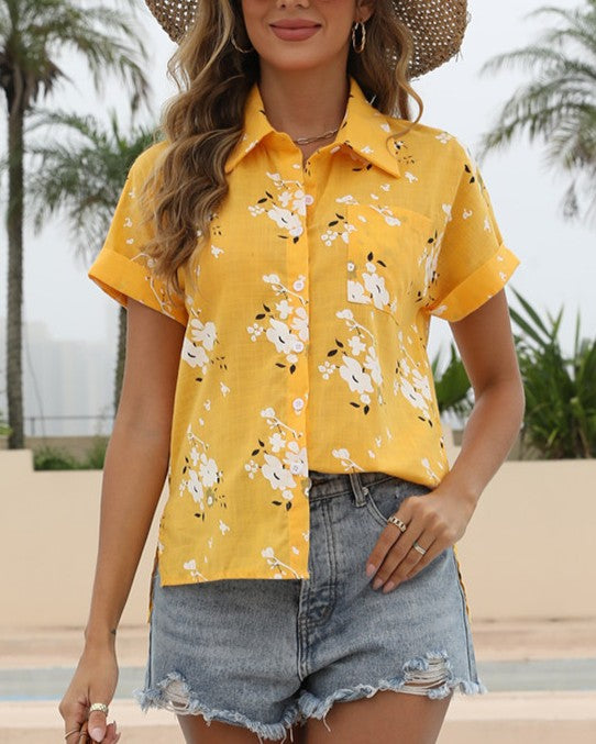 Breezy Blossom Print Button-Down Summer Shirt - Yellow - 1