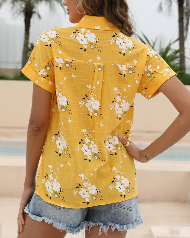 Breezy Blossom Print Button-Down Summer Shirt - Yellow - 2