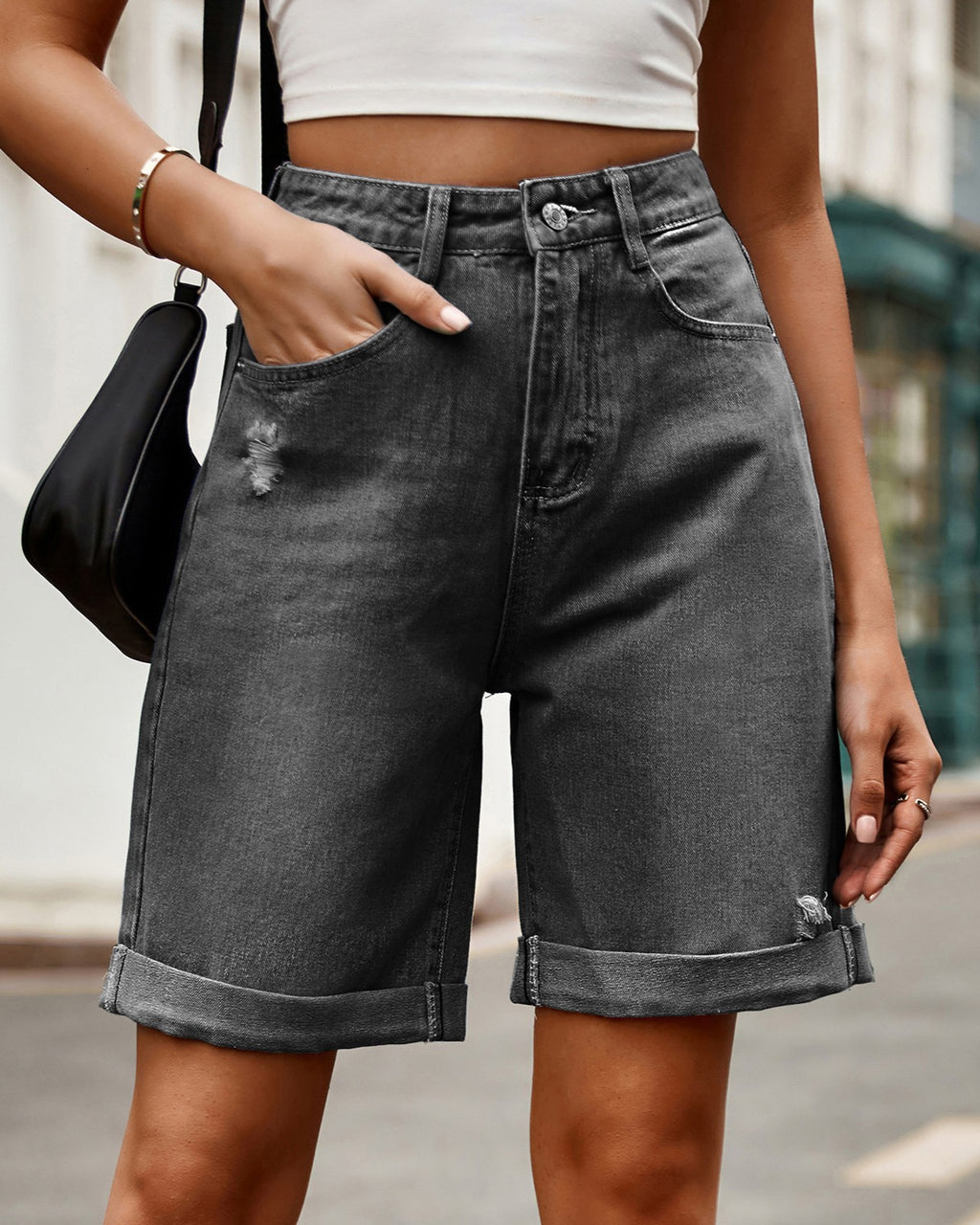 Rolled Cuff Distressed Denim Shorts - Black