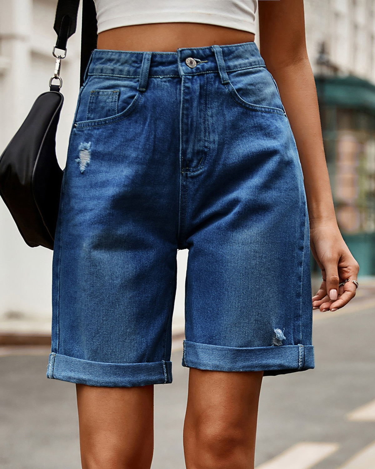 Rolled Cuff Distressed Denim Shorts - Dark-Blue