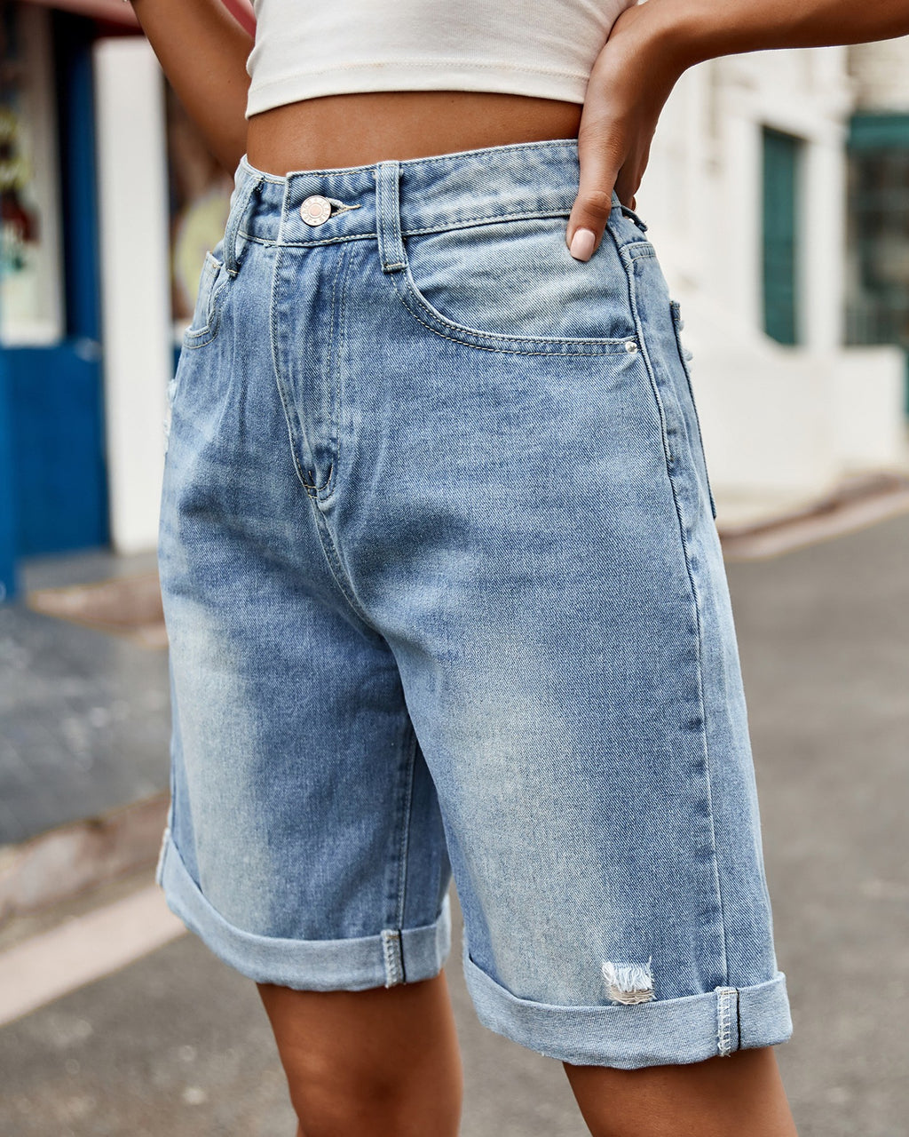 Rolled Cuff Distressed Denim Shorts - Light-Blue