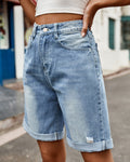Rolled Cuff Distressed Denim Shorts - Light-Blue