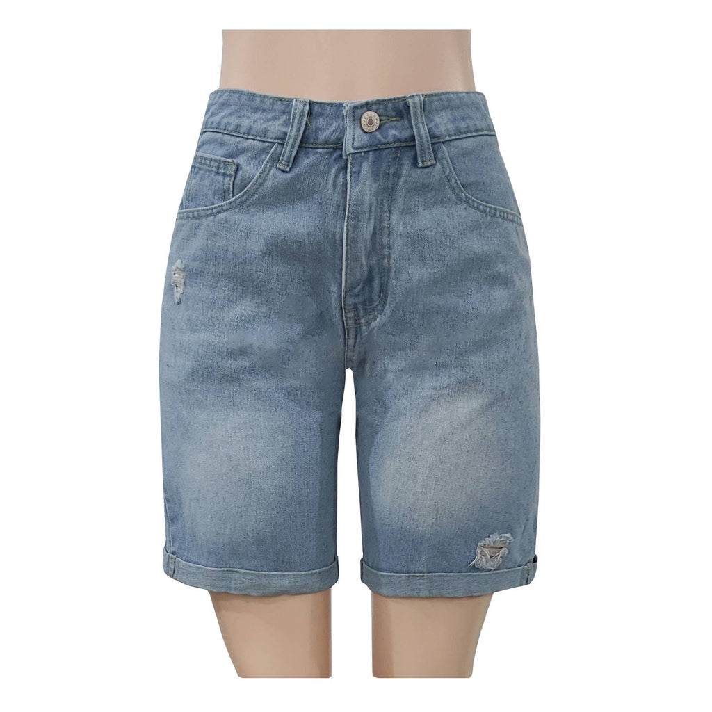 Rolled Cuff Distressed Denim Shorts