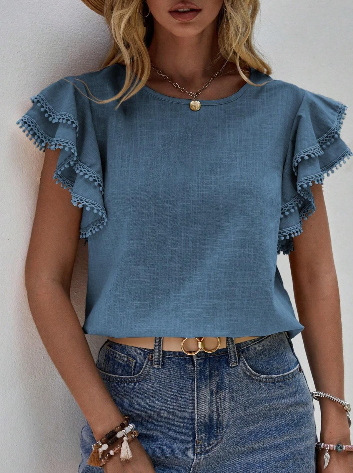 Tiered Ruffle Sleeve Lace Trim Blouse - Blue - 1