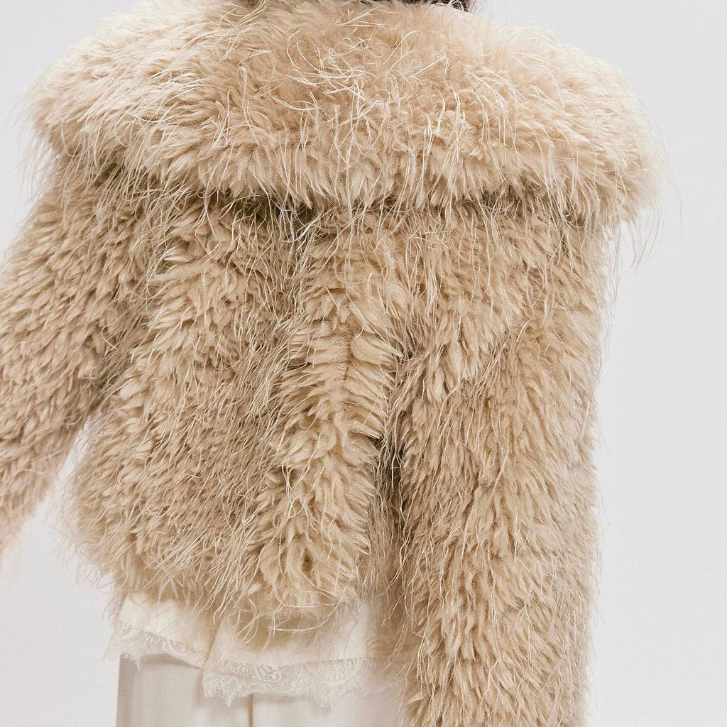 Shaggy Faux Fur Collared Cropped Coat - Apricot - 1