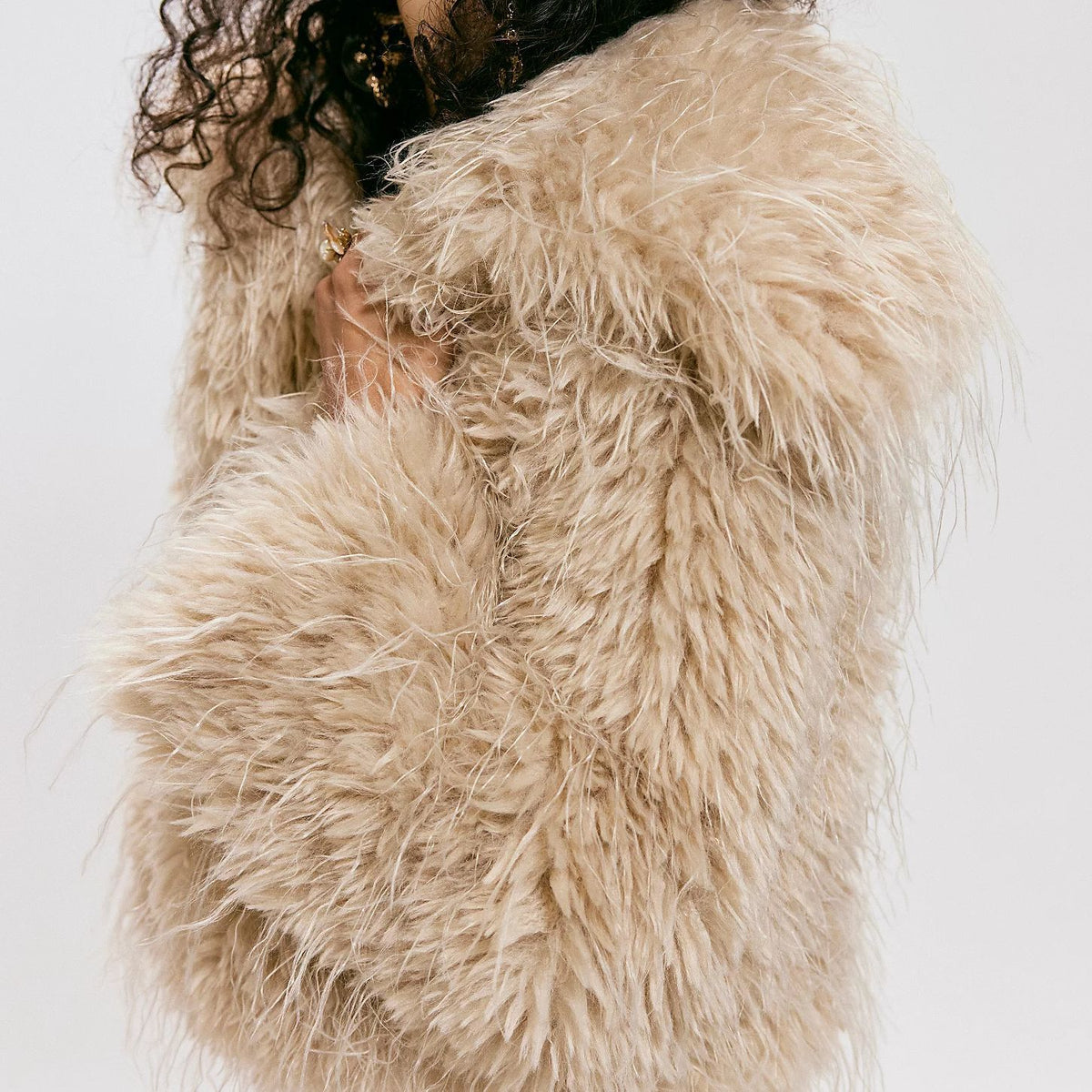 Shaggy Faux Fur Collared Cropped Coat - Apricot - 2