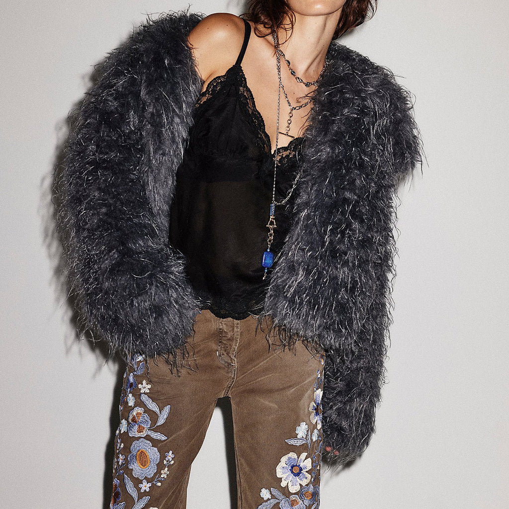 Shaggy Faux Fur Collared Cropped Coat - Black