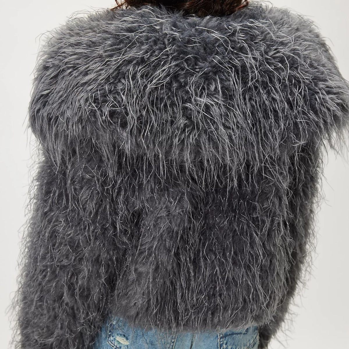 Shaggy Faux Fur Collared Cropped Coat - Black - 2