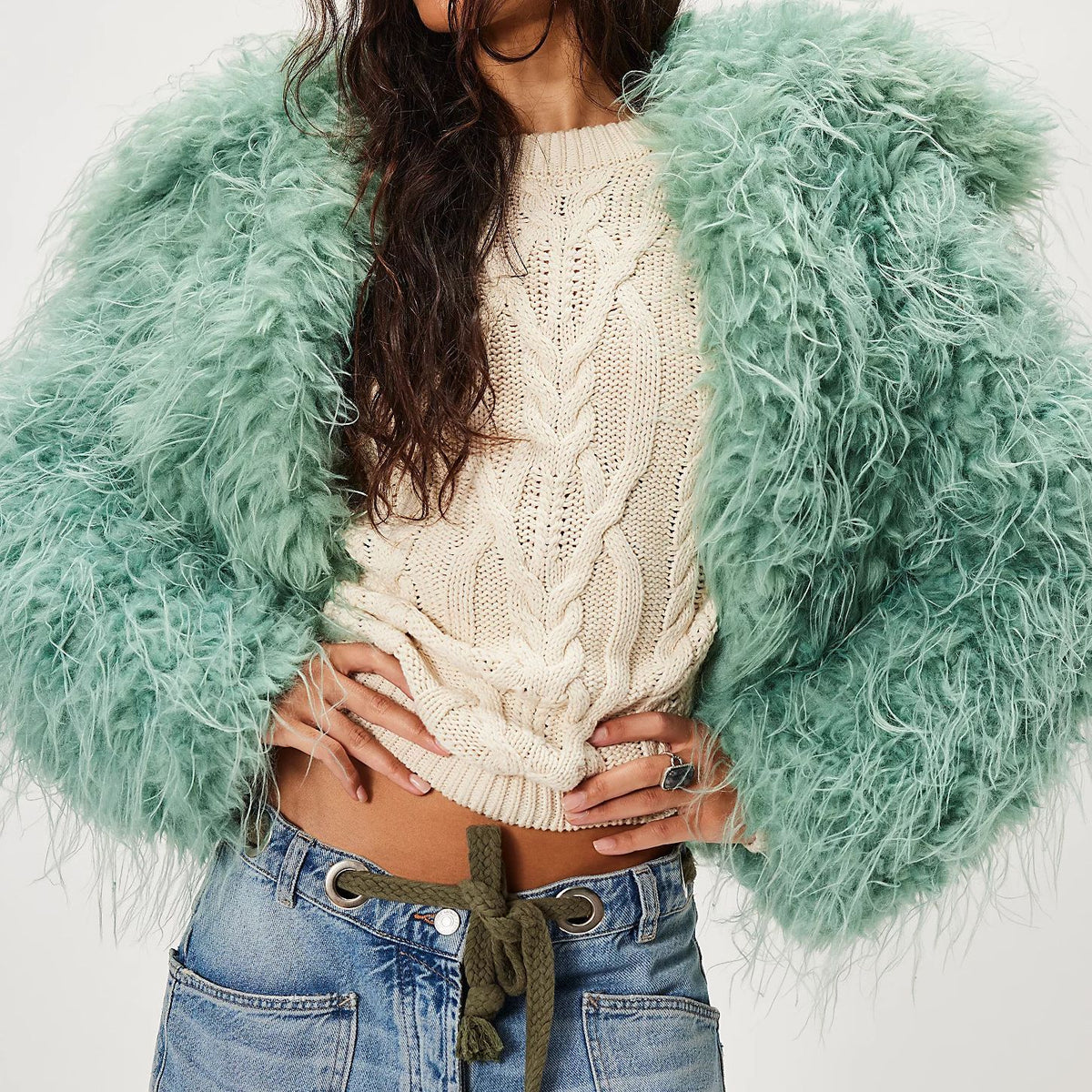 Shaggy Faux Fur Collared Cropped Coat - Green