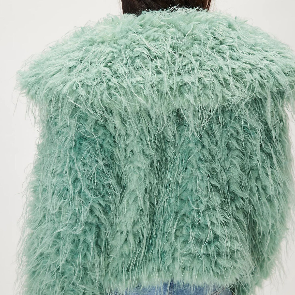 Shaggy Faux Fur Collared Cropped Coat - Green - 1