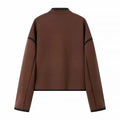 Contrast Piping Stand Collar Wool Jacket - Coffee